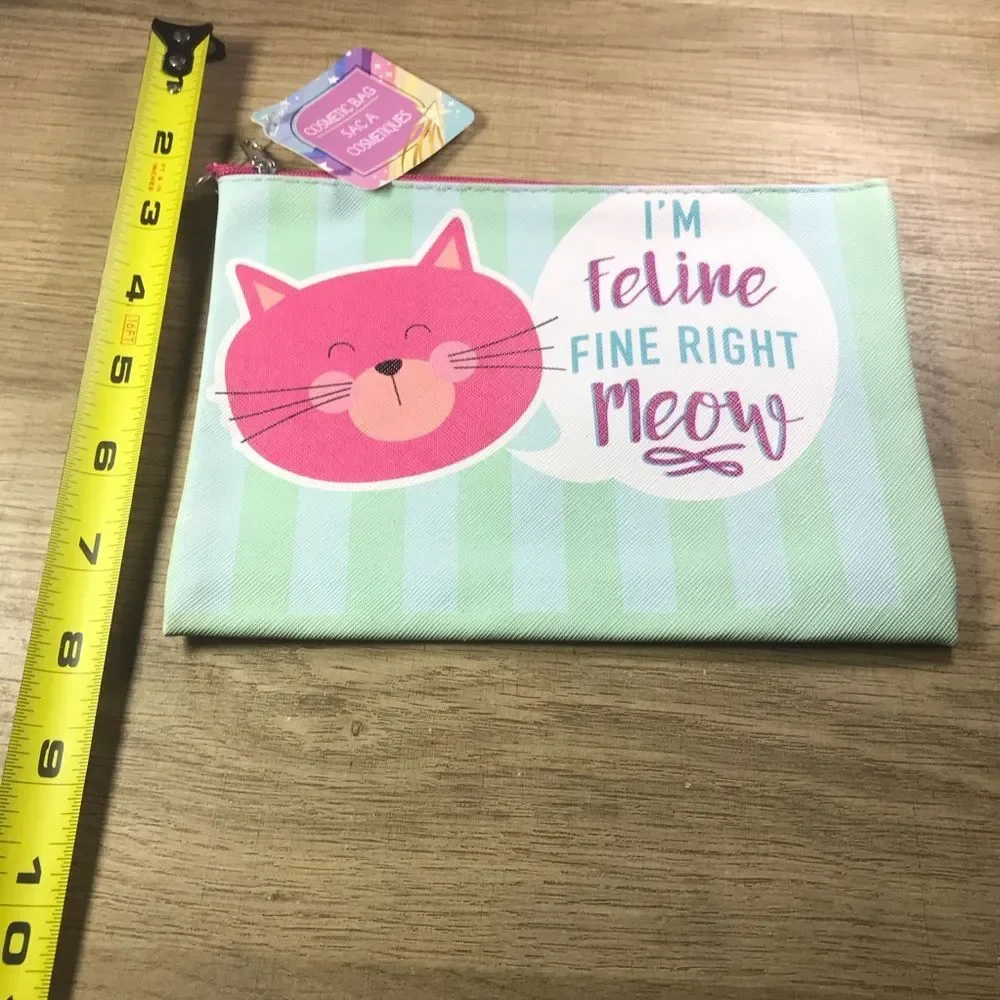 Playful Cat Pouch with Pink and Green Design Makeup Bag